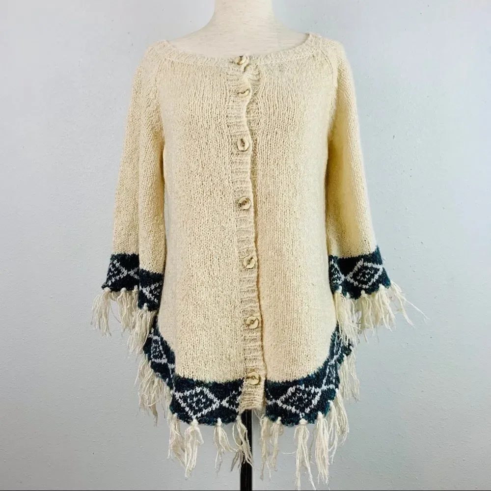 Vintage Fringe Knit Button Front Poncho Sweater